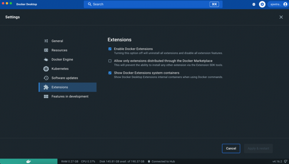 Docker desktop extensions settings