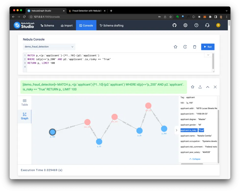 Nebula console demo fraud detection graph